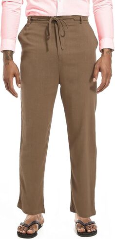 بنطلون كتان برباط للرجال، بنطلون فضفاض مستقيم بخصر مرن in Kuwait