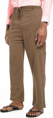 بنطلون كتان برباط للرجال، بنطلون فضفاض مستقيم بخصر مرن in Kuwait