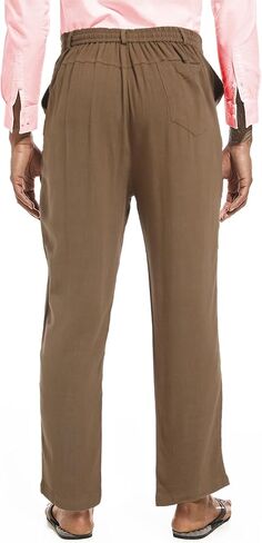 بنطلون كتان برباط للرجال، بنطلون فضفاض مستقيم بخصر مرن in Kuwait