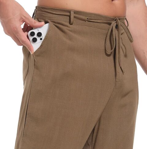 بنطلون كتان برباط للرجال، بنطلون فضفاض مستقيم بخصر مرن in Kuwait