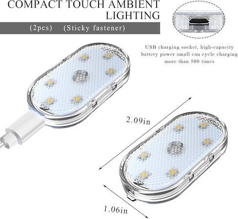 2 PCS Car LED Lights Interior Wireless, Magnetic Car Ambient Lighting with 6 Bright LED Lamp Beads, Portable USB Rechargeable Vehicle Interior Led Night Light for Car (White) in Kuwait