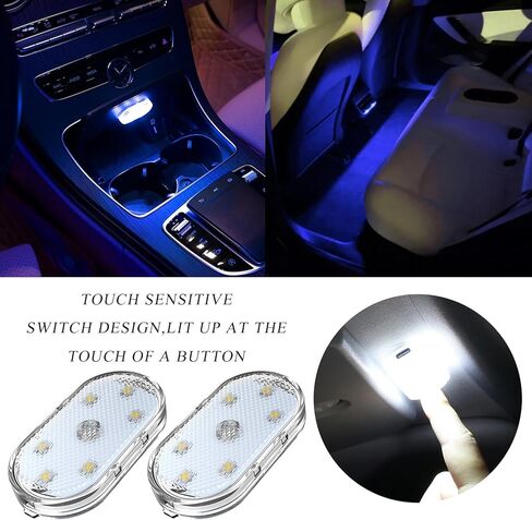 2 PCS Car LED Lights Interior Wireless, Magnetic Car Ambient Lighting with 6 Bright LED Lamp Beads, Portable USB Rechargeable Vehicle Interior Led Night Light for Car (White) in Kuwait