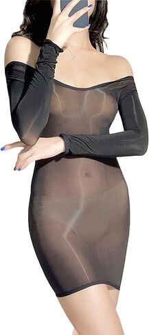 RUIBAVYA Bodystocking Lingerie Dress Sheer Sexy Long Sleeves Nylon Full Body Stocking Shiny Tights in Saudi Arabia