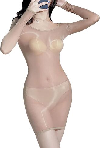 RUIBAVYA Bodystocking Lingerie Dress Sheer Sexy Long Sleeves Nylon Full Body Stocking Shiny Tights in Saudi Arabia