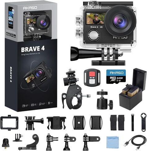 AKASO Brave 4 Action Camera 4K 30fps with 128GB MicroSDXC Card 20MP Ultra HD 131FT Waterproof Underwater Camera EIS WiFi Remote Control 5X Zoom Sport Cameras with Bicycle Accessories Kit Bundle in Kuwait
