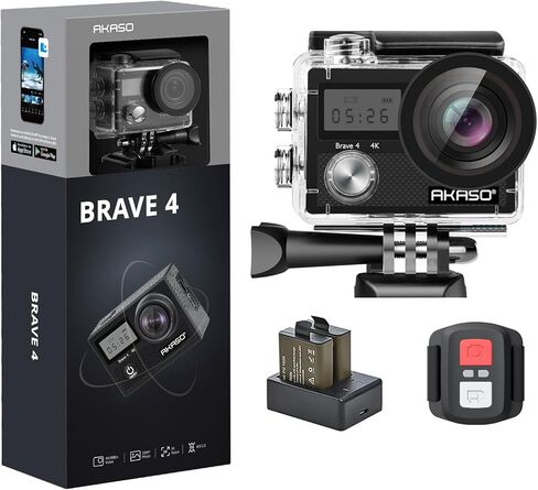 كاميرا AKASO Brave 4 Action 4K 30 إطارًا في الثانية مع بطاقة MicroSDXC سعة 128 جيجابايت بدقة 20 ميجابكسل فائقة الدقة 131 قدم مقاومة للماء تحت الماء وكاميرا EIS WiFi وجهاز تحكم عن بعد وتكبير 5X كاميرات رياضية مع مجموعة أدوات ملحقات الدراجة in Saudi Arabia