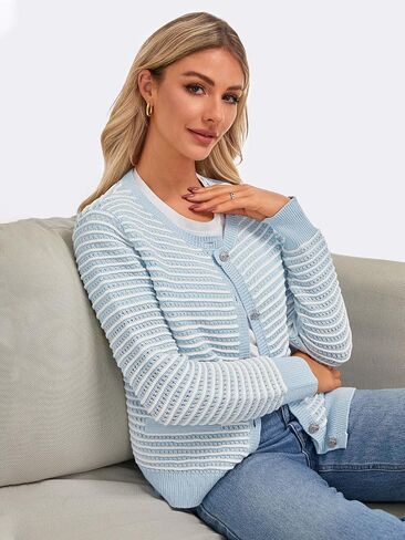 FAIRY SEASON Women's Striped Cardigan Sweaters Open Front Long Sleeve Button Down Casual Cable Knit Jackets Outerwear 2024 in Saudi Arabia