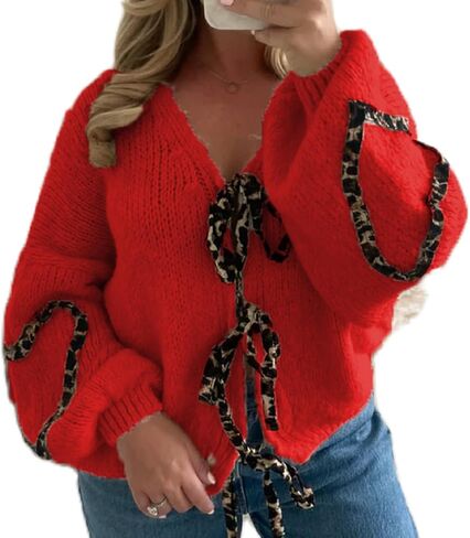 Women’s Tie Knot Leopard Heart Print Knit Cardigan Oversized V Neck Open Front Bandage Sweater Trendy Fall Knit Outwear in Kuwait