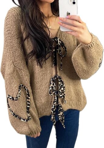 Women’s Tie Knot Leopard Heart Print Knit Cardigan Oversized V Neck Open Front Bandage Sweater Trendy Fall Knit Outwear in Kuwait