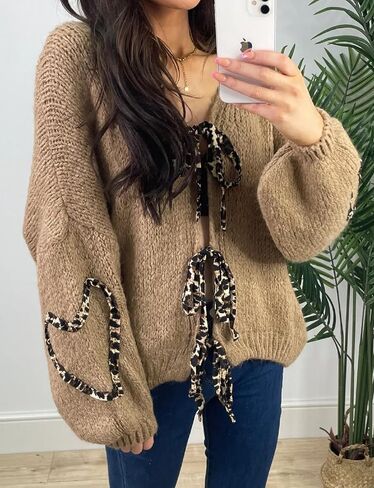 Women’s Tie Knot Leopard Heart Print Knit Cardigan Oversized V Neck Open Front Bandage Sweater Trendy Fall Knit Outwear in Kuwait