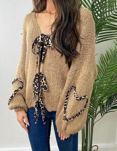 Women’s Tie Knot Leopard Heart Print Knit Cardigan Oversized V Neck Open Front Bandage Sweater Trendy Fall Knit Outwear in Kuwait