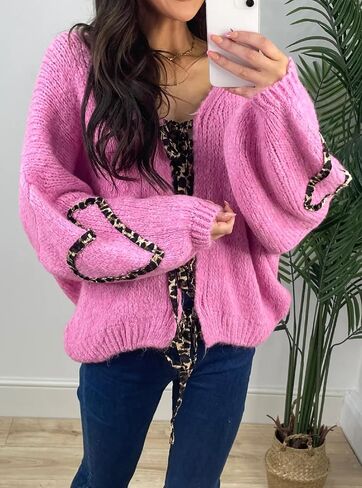 Women’s Tie Knot Leopard Heart Print Knit Cardigan Oversized V Neck Open Front Bandage Sweater Trendy Fall Knit Outwear in Kuwait