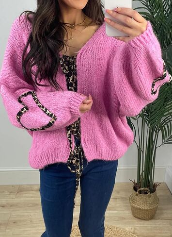 Women’s Tie Knot Leopard Heart Print Knit Cardigan Oversized V Neck Open Front Bandage Sweater Trendy Fall Knit Outwear in Kuwait