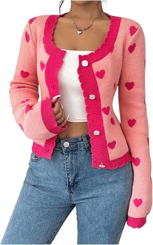 GORGLITTER Women's Heart Print Cardigan Open Front Long Sleeve Button Down Coquette Sweater in Saudi Arabia