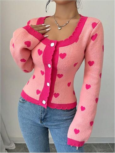 GORGLITTER Women's Heart Print Cardigan Open Front Long Sleeve Button Down Coquette Sweater in Saudi Arabia
