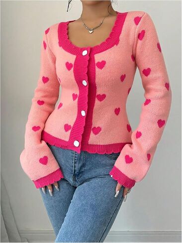 GORGLITTER Women's Heart Print Cardigan Open Front Long Sleeve Button Down Coquette Sweater in Saudi Arabia