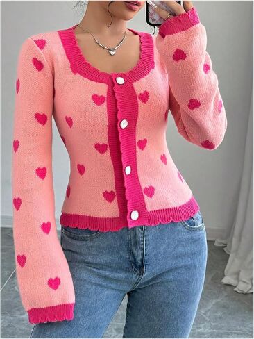 GORGLITTER Women's Heart Print Cardigan Open Front Long Sleeve Button Down Coquette Sweater in Saudi Arabia