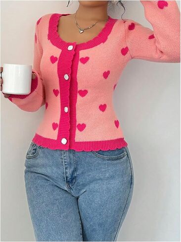 GORGLITTER Women's Heart Print Cardigan Open Front Long Sleeve Button Down Coquette Sweater in Saudi Arabia