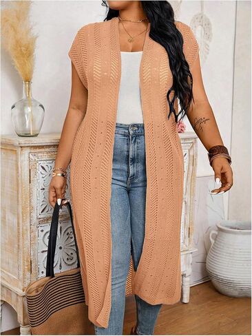 MakeMeChic Women's Plus Size Duster Cardigan Short Sleeve Open Front Long Knitted Outwear in Saudi Arabia