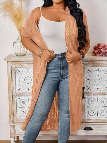 MakeMeChic Women's Plus Size Duster Cardigan Short Sleeve Open Front Long Knitted Outwear in Saudi Arabia
