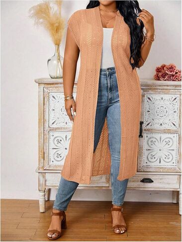 MakeMeChic Women's Plus Size Duster Cardigan Short Sleeve Open Front Long Knitted Outwear in Saudi Arabia
