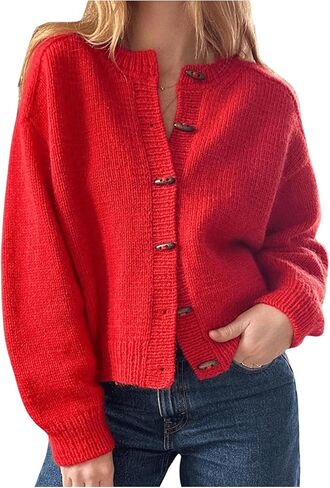 MakeMeChic Women's Round Neck Long Sleeve Button Down Cardigan Sweater Casual Knit Tops in Kuwait