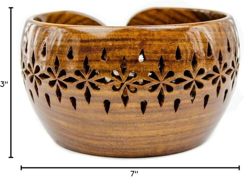 Nagina International Rosewood Crafted Wooden Yarn Storage Bowl With Carved Holes & Drills | Knitting Crochet Accessories (Large) in Kuwait