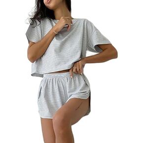 Remidoo Women's Striped Tee Shirts and Shorts Pajamas Set Side Slit Crewneck Loungewear