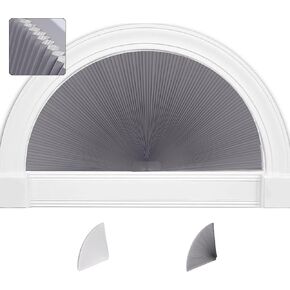 SEEYE Arch Window Blackout Shades, Pleated Fabric Blind (Radius: 24'') Half Circle Cellular Cordless Semicircular Blinds with No Tools, Half-Round Shade Easy to Cut and Install, Dark Gray-White