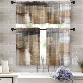 Brown Kitchen Curtains Grey Beige Window Curtains Valance and Tier Set 36 Inch, Modern Rod Pocket Short Tier Curtain, Abstract Art Small Cafe Curtains for Kitchen Decor