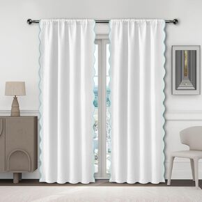 Coastal Scallop Edge Window Curtains 52"W x 84"L x 2 Panel Set, White with Blue Scallop Trim Drape Panel, Blackout Thermal Insulated, Decorative Drapes for Living Room, Bedroom(LQ-39)