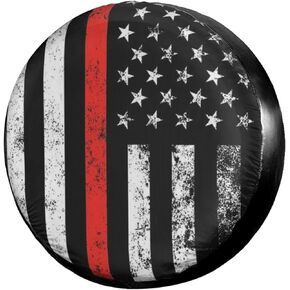 USA Patriotic Firefighter Thin Red Line Flag Spare Tire Cover Dust-Proof Wheel Tire Cover Fit Trailer, RV, SUV and Many Vehicle (14, 15, 16, 17 Inch)