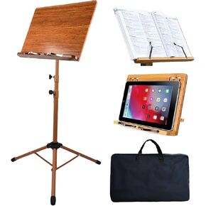 Bamboo Music Stand for Sheet Music with Carrying Bag, Portable Wood Music Stands Holder Foldable with Case Adjustable Height 45.3''-53.1'' for Guitar Violin Piano Manhasset