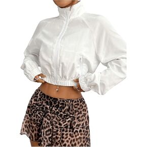 SweatyRocks Women's Zip-Front Pocket Jacket Solid Casual Windbreaker Crop Tops