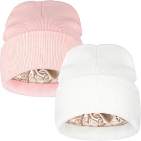 ​2 Pack Satin Lined Winter Beanie for Women Men Knitted Cuffed Silk Lined Skull Hat