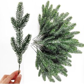 TIHOOD 25PCS 11.8" Artificial Flocking Pine Picks Snow Forest Artificial Pine Needles Branches Christmas Fake Greenery Tree Branches DIY Leaves for Christmas Wreaths Garden Party Holiday Decor