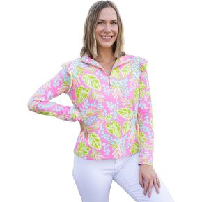 Mary Square Women's Everyday Apparel, Charelston Style Half Zip Long Sleeve Blouse, Nylon and Spandex