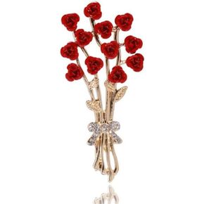 Rose Bouquet Brooch Elegant Red Flower Leaf Brooch Rhinestone Bouquet Rose Brooch Fashion Trendy Brooch