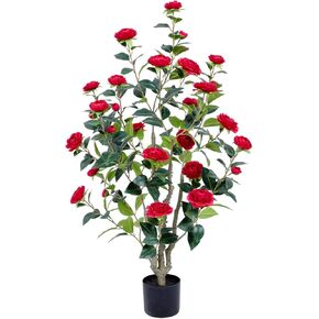 5ft Artificial Camellia Tree with Realistic Trunks and Branches, 60in Faux Camellia Tree with Blooming Pink Flowers and Green Leaves, Fake Flower Tree in Pot for Indoor Outdoor Décor.