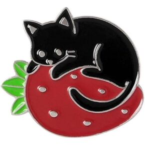 Cute Enamel Brooch Pins Cartoon Cat Strawberry Brooch Pins Badges Lapel Pin for Women Girl Backpacks Clothing Bags Jackets Jewelry