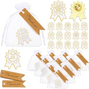 Sasylvia 30 Set Employee Appreciation Gifts Badge Shaped Brooch Employee of The Month Pin with Thank You Card Organza Bag Cute Medal Award Lapel Pins for Staffs Coworkers Team Thank You Gifts