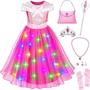 Light Up Princess Aurora Costume for Girls Dress Up - LED Light-Up SIeeping Beauty Dress with Accessories