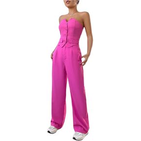 WDIRARA Women's Two Piece Bandeau Sleeveless Crop Tube Tops and High Waist Pants Clothing Set