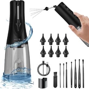 Ear Wax Removal with Ear Scoop Set, 5 Hole IPX7 Electric Ear Irrigation Kit with 350ml Tank, Water Powered Rechargeable Ear Cleaning Tool 3 Modes Ear Cleaner with 8 Reusable Tips for Earwax Buildup