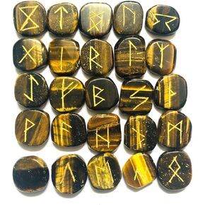 crystalmiracle Lot of 25 Tigers Eye Carved Tumbled Stones Rune Set Crystal Healing Reiki feng Shui Home Office Gift Wellness Peace Meditation