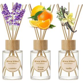 binca vidou Reed Diffuser Set, Lavender Vanilla Orange & Lemon Natural Scent Oil Diffusers with Sticks for Home Office Bathroom Aromatherapy Decor 2.7oz x 3