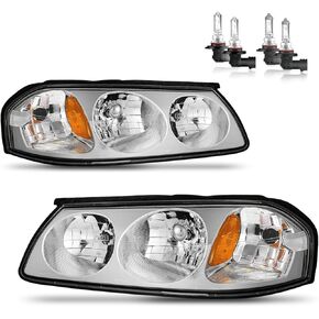 Headlights Assembly with Bulbs for 2000-2005 Chevy Impala Headlamp Replacement Chrome Housing Amber Reflector Driver & Passenger Side