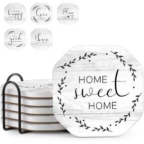 UMIRRO Rustic Farmhouse Coasters for Coffee Table Decor, Ceramic Coaster Set with Holder for Wooden Table, Cute Cup Coasters for Drinks Absorbent, Housewarming Gifts for New House/Home, 4", 6 Pack