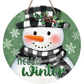 Deroro Hello Winter Snowman Blue Front Door Sign, Buffalo Plaid Check Snowflakes Wood Door Hanger Outdoor Outside Porch Decor, Christmas Holiday Seasonal Wooden Wreath Indoor Wall Hanging Decoration