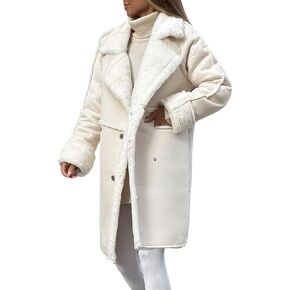 chouyatou Women's Winter Notched Lapel Double Breasted Sherpa Fleece Faux Suede Leather Long Trench Coat with Pockets